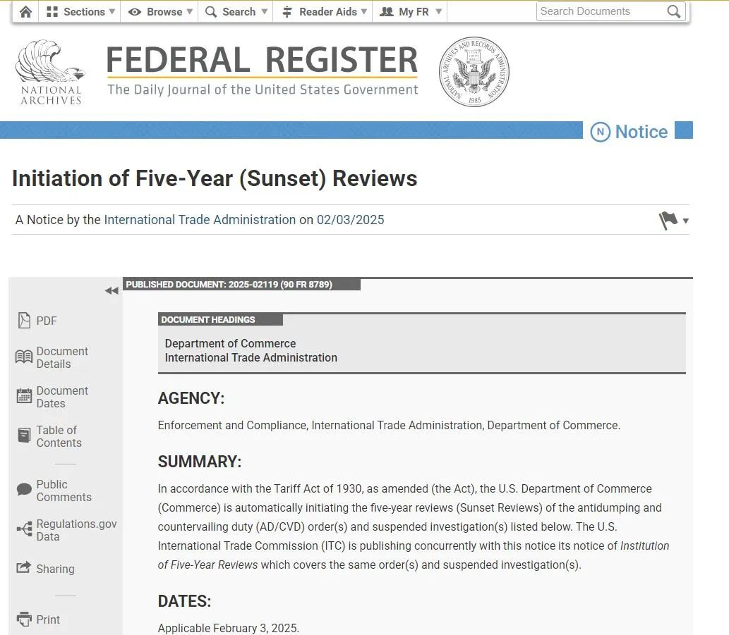 The US Initiates the Third Sunset Review of Antidumping Duties on Steel Threaded Rods from China